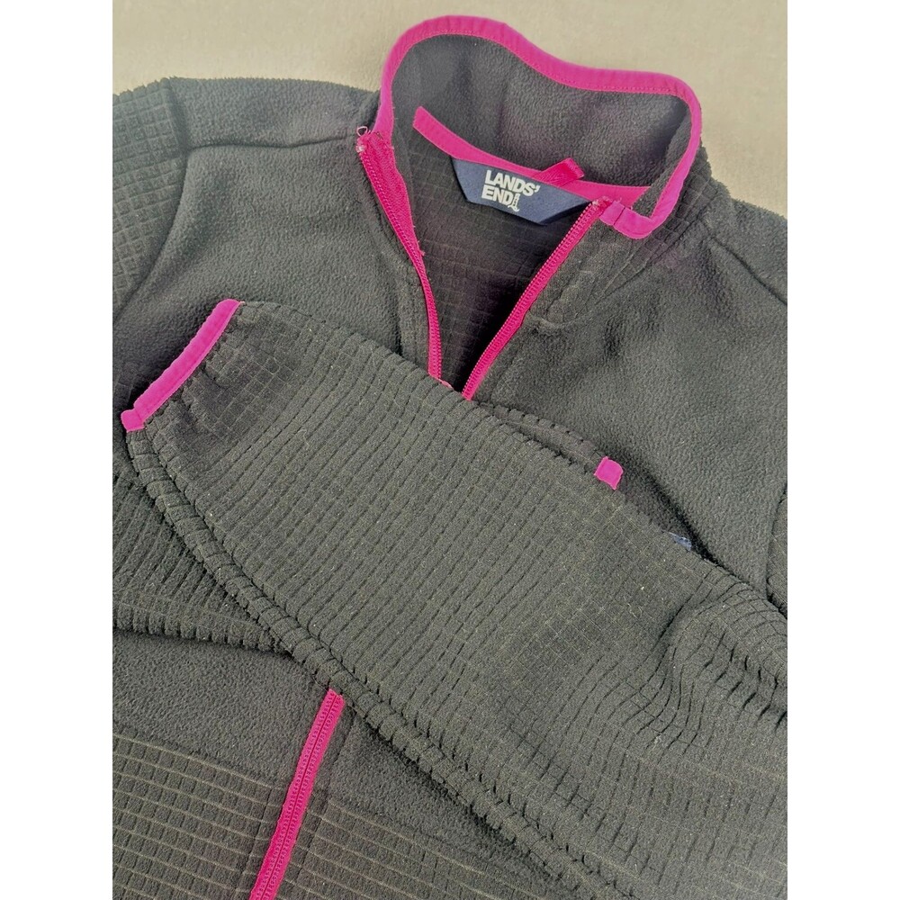 Lands End Womens Zip Fleece Jacket Grid Sz S Black Pink Trim Outdoor Hiking